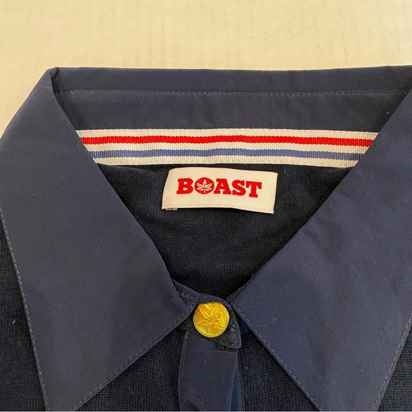 Boast navy blue long sleeve 3 button sweater red elbow patches cotton collar M - Picture 7 of 7